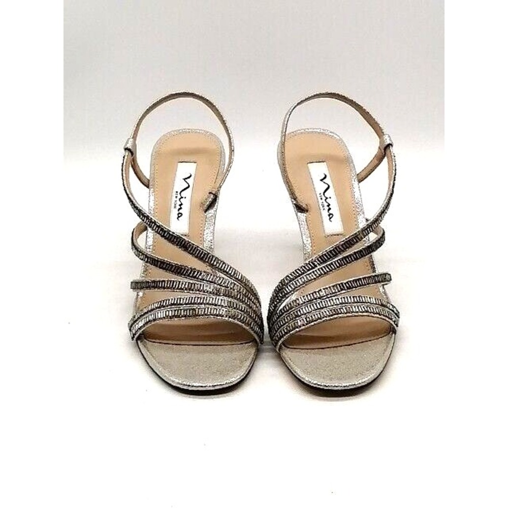 Nina New York Womens Sandals Silver Rhinestone Shoe Slingback High Heel 6 NEW